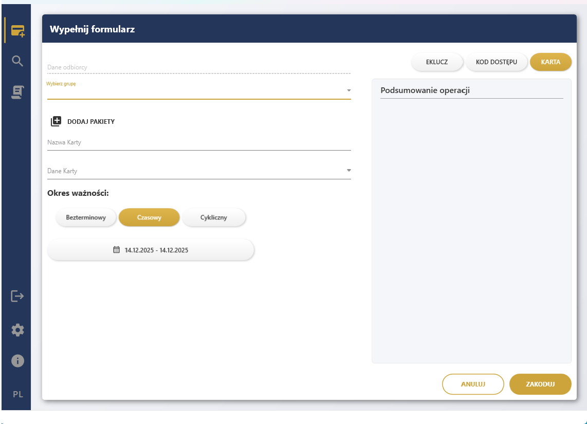 Widok aplikacji Hotel Card System